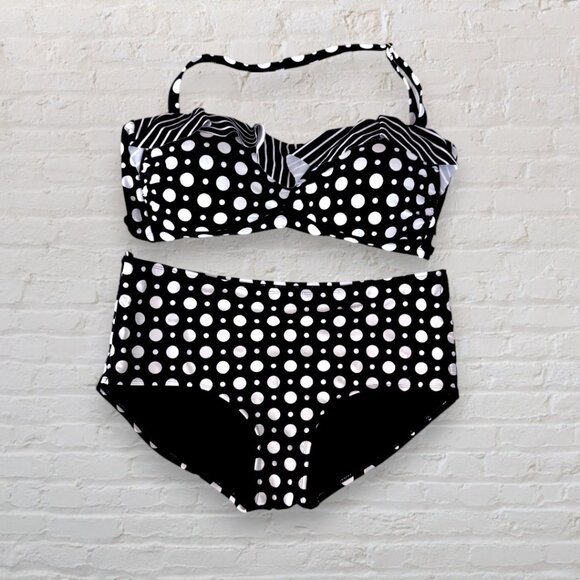 SWIMSUITS FOR ALL Black White Polka Dot 2-PC Bikini Ruffle Top & Bottom 14/16 - Picture 1 of 4